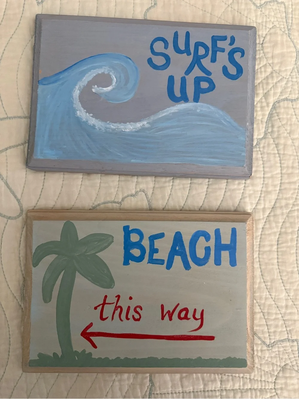 Coastal 'Surf's Up' and 'Beach This Way' Wooden Signs